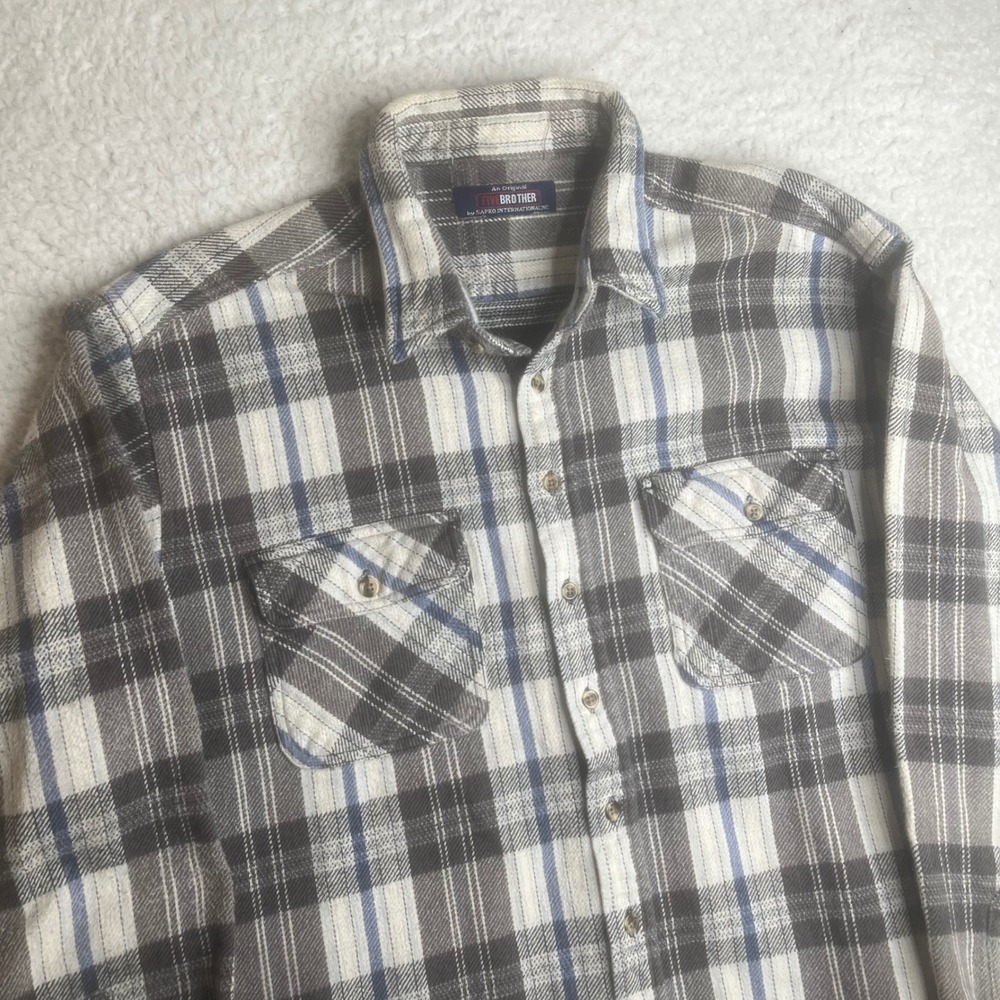 Five Brother Mens Plaid Flannel Shirt Grey Blue Long Sleeve Button Up Medium